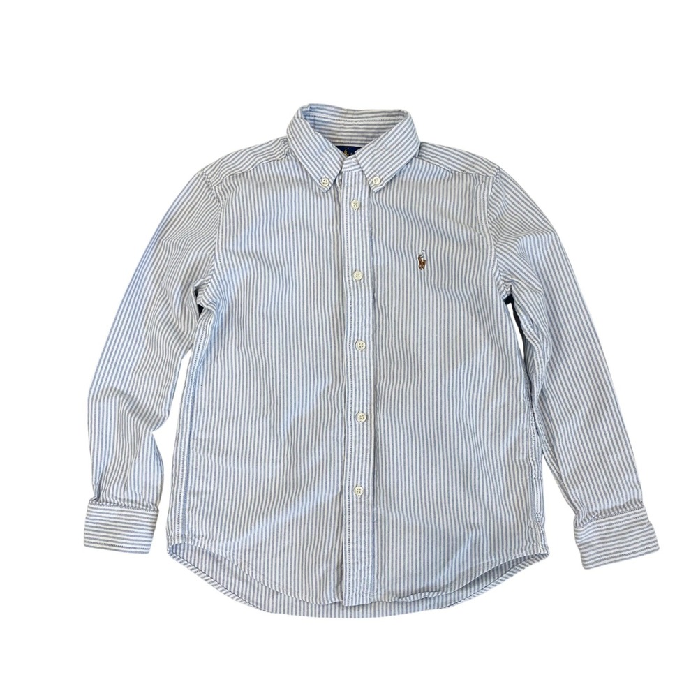 Ralph Lauren Boys Size 7 Blue Striped Button Down Shirt Long Sleeve Flesh Pony